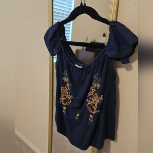 Mine Blue and Yellow Embellished Puff Sleeve Blouse